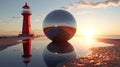 Reflective Tranquility: Sunset Silhouette of a Metal Ball with Lighthouse Reflection