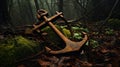 Intriguing Anachronism: Rusty Anchor Nestled Amidst the Enchanted Forest Royalty Free Stock Photo