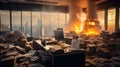 Fiery Chaos: Stock Certificates Ablaze in Cityscape Office