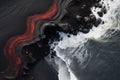 Witness the captivating sight of lava flowing into the ocean from above, The black sand beach in Iceland, Aerial view of the sea Royalty Free Stock Photo