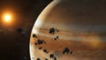 Asteroids in space flying around jupiter