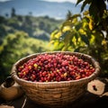 Harvest Harmony: Basket of Ripe Coffee Cherries Amidst Verdant Arabica Groves