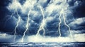 Witness the dramatic display of storm clouds with lightning over the ocean horizon nature\'s power unleashed