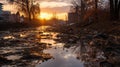 Polluted River at Sunset: A Hauntingly Beautiful Scene of Industrial Waste Amidst Golden Hues