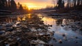 Polluted River at Sunset: A Hauntingly Beautiful Scene of Industrial Waste Amidst Golden Hues