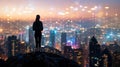 Silhouette of a Woman Overlooking City Lights with Futuristic Tech Overlay (AI-Generated)