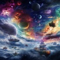 Colorful Ships and Submarines Navigating through Ethereal Cosmic Nebulas