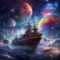 Colorful Ships and Submarines Navigating through Ethereal Cosmic Nebulas