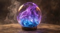 Witness the ethereal beauty of a glass ball, aglow with a mesmerizing purple flame, a symbol of enchantment. Ai Generated