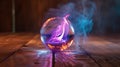 Witness the ethereal beauty of a glass ball, aglow with a mesmerizing purple flame, a symbol of enchantment. Ai Generated