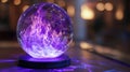 Witness the ethereal beauty of a glass ball, aglow with a mesmerizing purple flame, a symbol of enchantment. Ai Generated