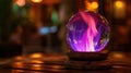 Witness the ethereal beauty of a glass ball, aglow with a mesmerizing purple flame, a symbol of enchantment. Ai Generated