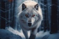 Arctic Guardian: Majestic White Wolf with Glowing Orange Eyes in a Cold Snowy Forest. Generative ai