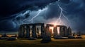 Celestial Fury: Lightning\'s Dance Amidst the Mystical Stonehenge Monument