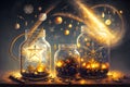 Fantastic Display of Illuminated Jars Containing Alchemical Symbols and Elements. AI generated