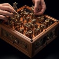 Meticulously Crafted Wooden Box with Miniature Robotic Arms Royalty Free Stock Photo