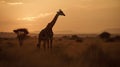 Witness the grace and beauty of a solitary giraffe as it stands tall against the golden hues of the savannah