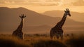 Witness the graceful harmony of two giraffes in the golden hour, their intertwined necks creating a mesmerizing display of Royalty Free Stock Photo