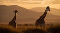 Witness the graceful harmony of two giraffes in the golden hour, their intertwined necks creating a mesmerizing display of