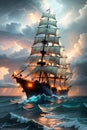 The Grand Classic Wooden Sailing Ship\'s Progress through Cloudy Skies and Choppy Seas. AI generated