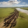 Majestic Hoofprints: Aerial Panorama of Genghis Khan\'s Equestrian Domination