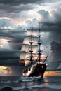 The Grand Voyage of a Large Modern Sailboat in Stormy Seas during a Majestic Sunset. AI generated Royalty Free Stock Photo