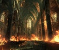 Inferno: Flames Engulfing a Majestic Gothic Cathedral