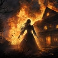 Eerie Conflagration: Banshee\'s Lament Before a Blazing Manor