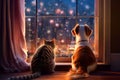 Inquisitive Companions: Dog and Cat Watching the Fire from the Window (AI Generated)