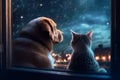 Inquisitive Companions: Dog and Cat Watching the Fire from the Window (AI Generated) Royalty Free Stock Photo