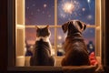 Inquisitive Companions: Dog and Cat Watching the Fire from the Window (AI Generated) Royalty Free Stock Photo