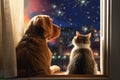 Inquisitive Companions: Dog and Cat Watching the Fire from the Window (AI Generated)