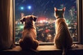 Inquisitive Companions: Dog and Cat Watching the Fire from the Window (AI Generated)