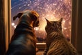 Inquisitive Companions: Dog and Cat Watching the Fire from the Window (AI Generated)