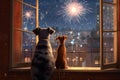 Inquisitive Companions: Dog and Cat Watching the Fire from the Window (AI Generated)