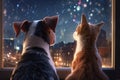 Inquisitive Companions: Dog and Cat Watching the Fire from the Window (AI Generated)