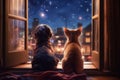 Inquisitive Companions: Dog and Cat Watching the Fire from the Window (AI Generated) Royalty Free Stock Photo