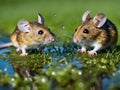 two young nutrias play in the water, two mice playing in grass Royalty Free Stock Photo