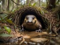 A platypus staring out of its nest on the river bank