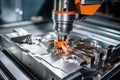 Witness a machine effectively and skillfully cutting a metal piece with remarkable precision and speed, The CNC milling machine Royalty Free Stock Photo