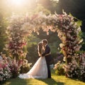 Bride and Groom Exchanging Vows Under Stunning Outdoor Wedding Arch