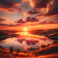 Golden Hour Reflections: Sunset Over Lake and Hills Royalty Free Stock Photo