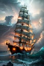 The Majestic and Imposing Classic Wooden Pirate Ship\'s Progress in a Stormy Sky with Clouds amid Choppy Seas. AI generated