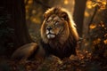 Golden Brown Lion: Majestic Morning in the Forest (AI Generated)