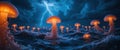Bioluminescent Jellyfish in a Stormy Ocean with Lightning Royalty Free Stock Photo