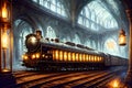 The Fantastic Locomotive Powered Train Approaches a Historic Fantasy Station. AI generated
