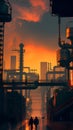 Industrial zone at sunset illustration ai generated