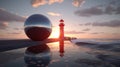 Serenity\'s Reflection: Metal Ball and Lighthouse at Sunset