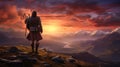 Highland Reverie: Scottish Highlander Gazing Upon Sunset Majesty