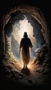 Jesus Rises from the Cave. AI Generative.